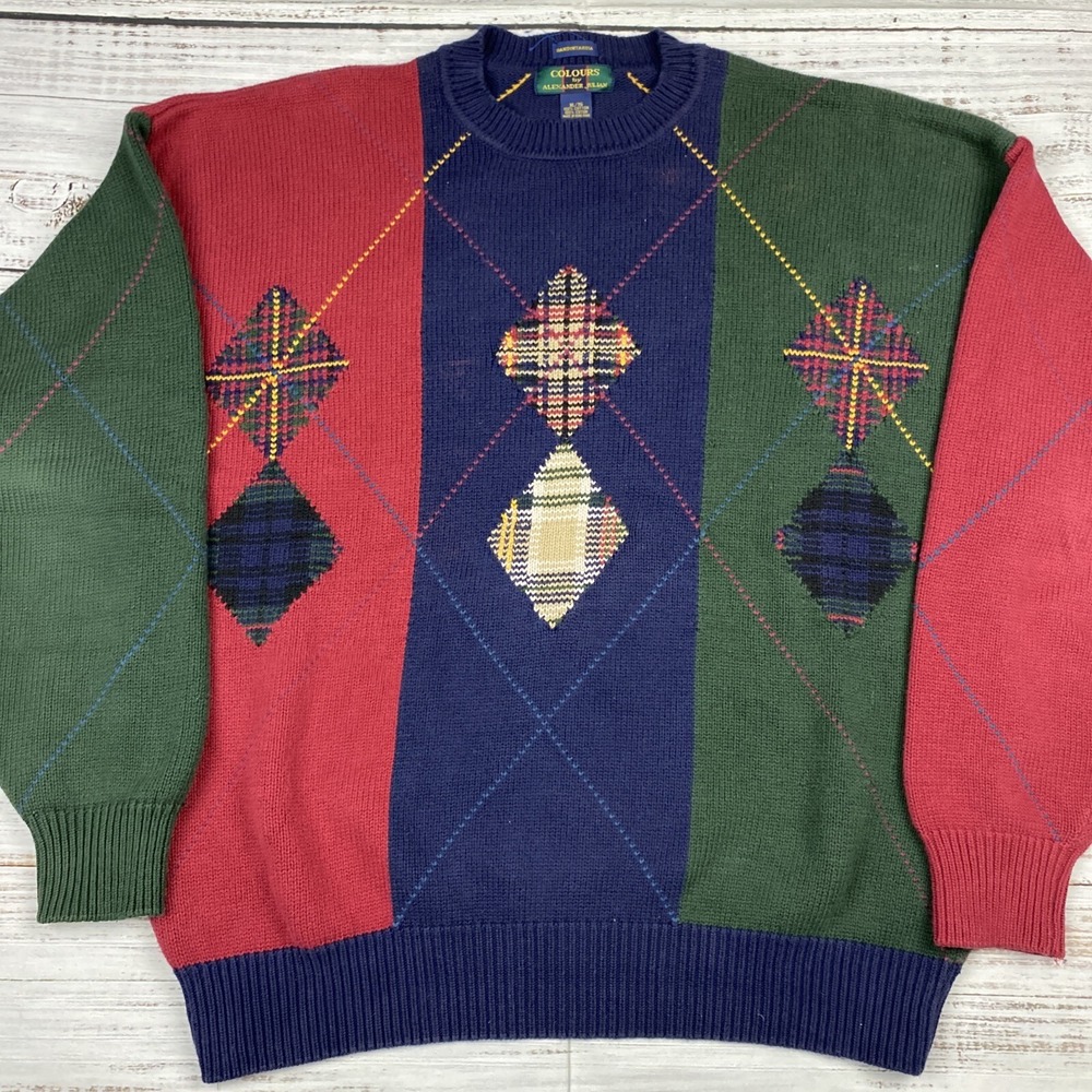 VTG Colours Alexander Julian Men's Sweater‎ Argyle Sz XL Color Block Patchwork